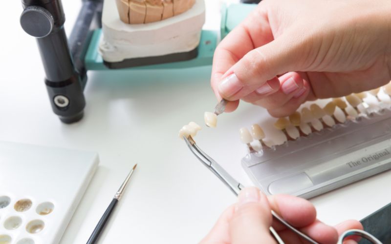 dental-laboratory-using shade guide check veneer tooth crown